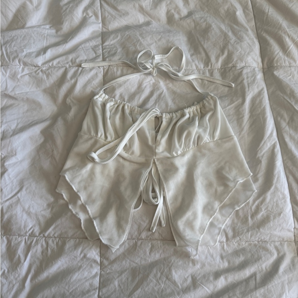 SHEIN White Halter Tie Front Ruffle Asymmetrical Mesh Top XS